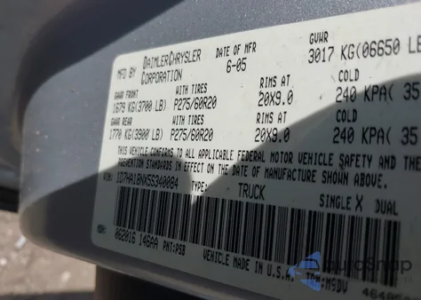 2005 Dodge Ram 1500 Slt/Laramie из США, поврежденный, VIN 1D7HA18NX5S340084